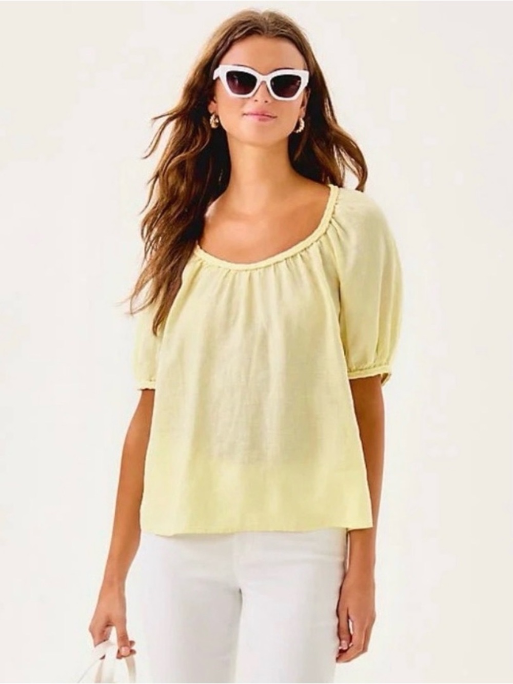 Lilly Pulitzer Pale Yellow Scoop-Neck Puff Sleeve Blouse